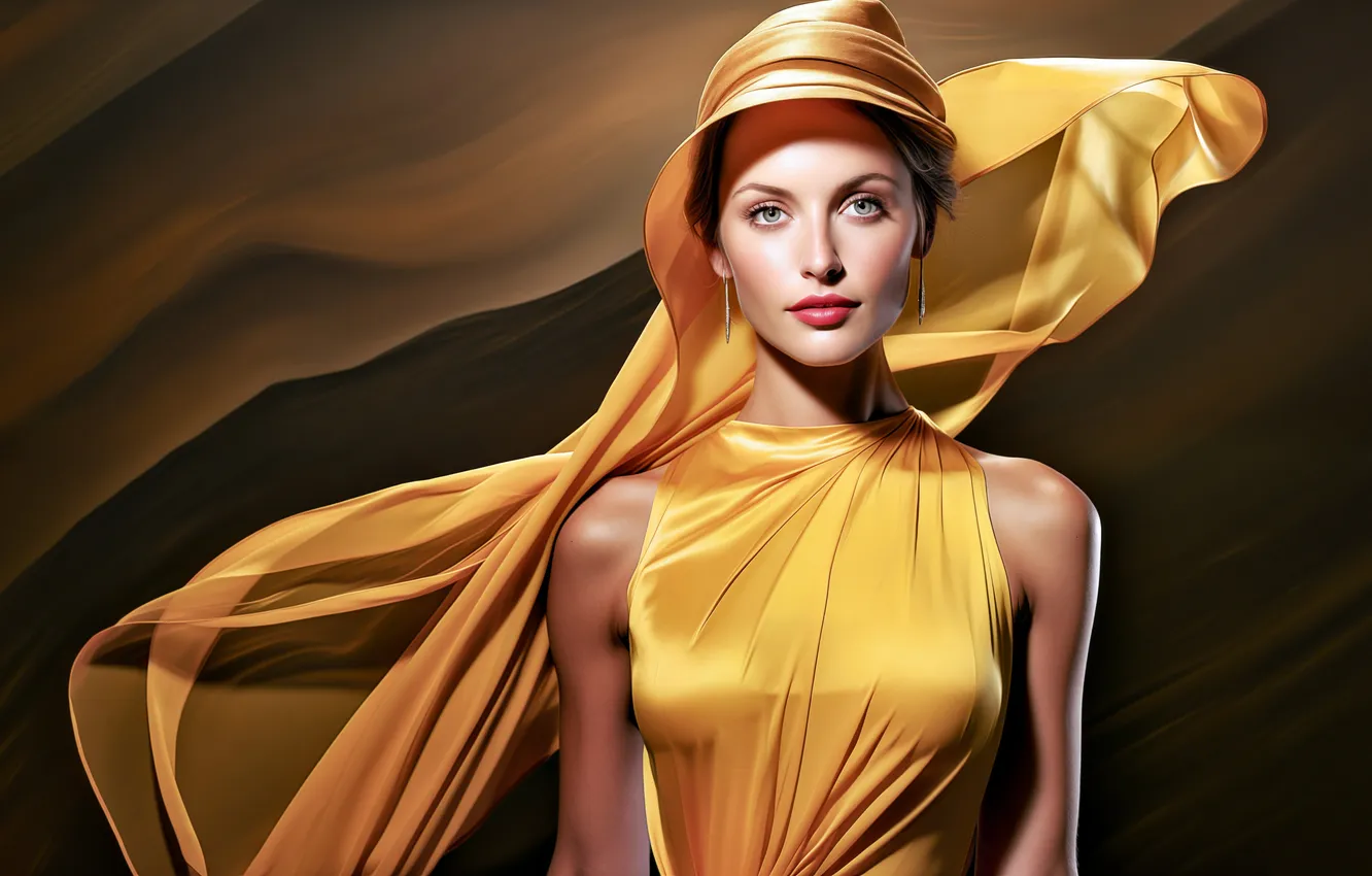 Фото обои серьги, шлейф, макияж, шляпка, hat, очарование, yellow dress, beautiful woman