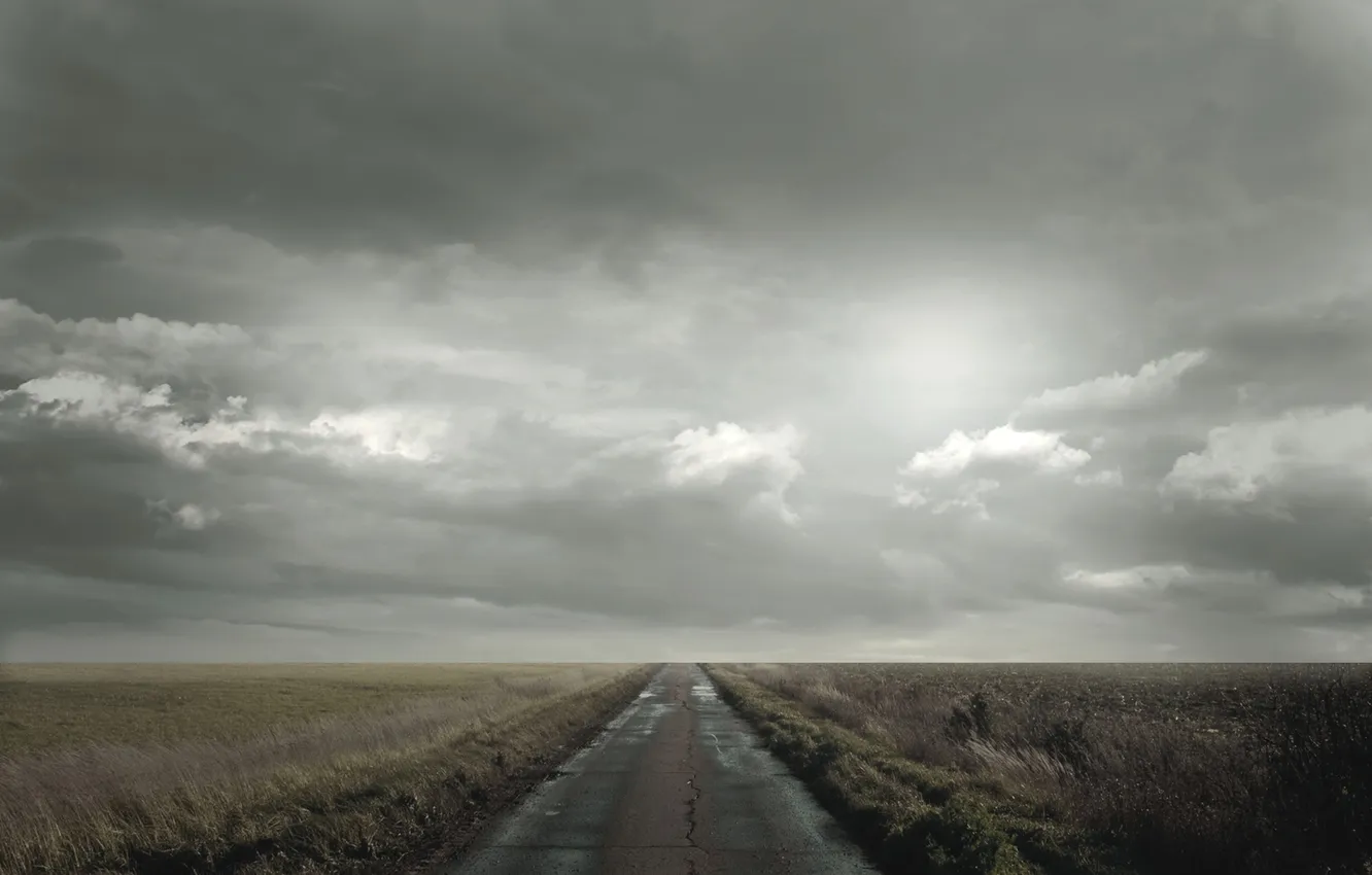 Фото обои дорога, поле, облака