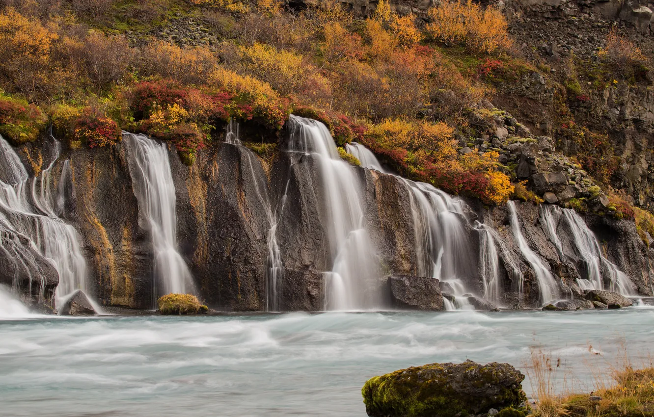Фото обои осень, горы, скала, река, водопад