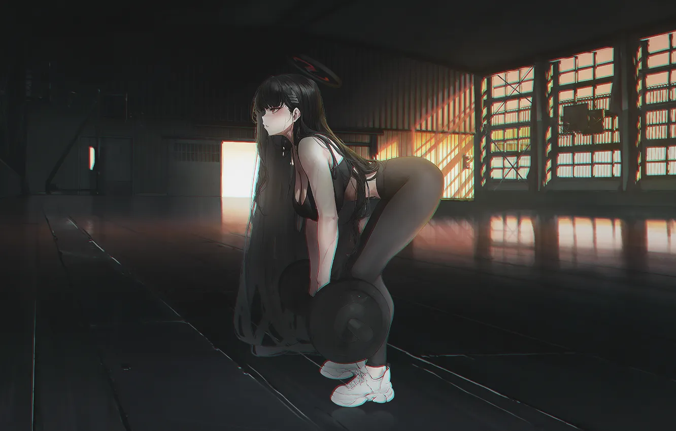 Фото обои anime, big boobs, anime girls, hanging boobs, gym equipment, Blue Archive, Tsukatsuki Rio