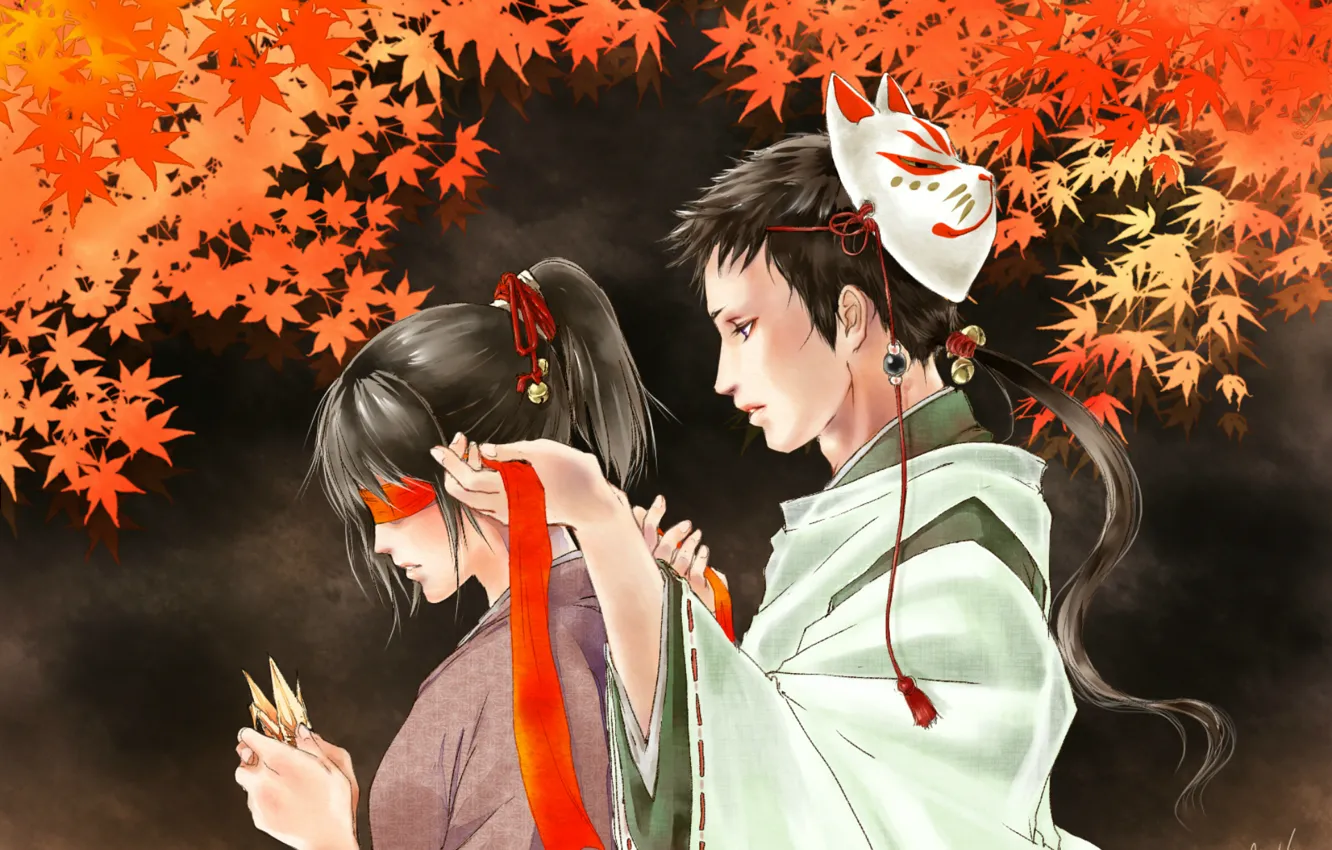 Фото обои маска, повязка, кимоно, двое, оригами, красные листья, бубенчики