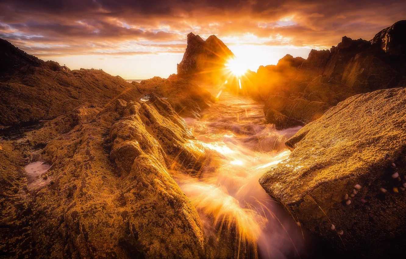 Фото обои скалы, рассвет, побережье, Шотландия, Scotland, Morayshire