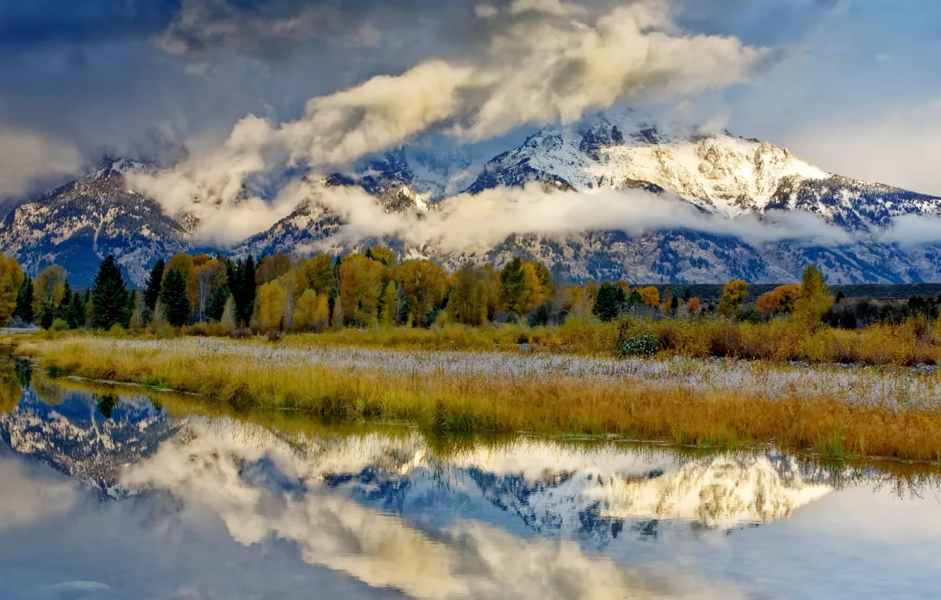 Фото обои небо, река, гора, Wyoming, Grand Teton National Park, Snowy morning