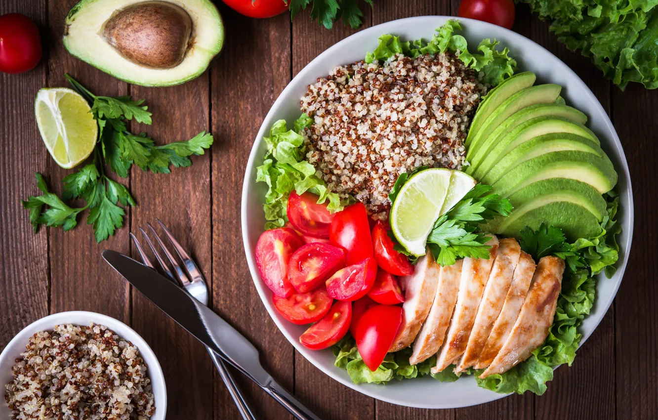 Фото обои meat, vegetables, salad, chicken, cutlery