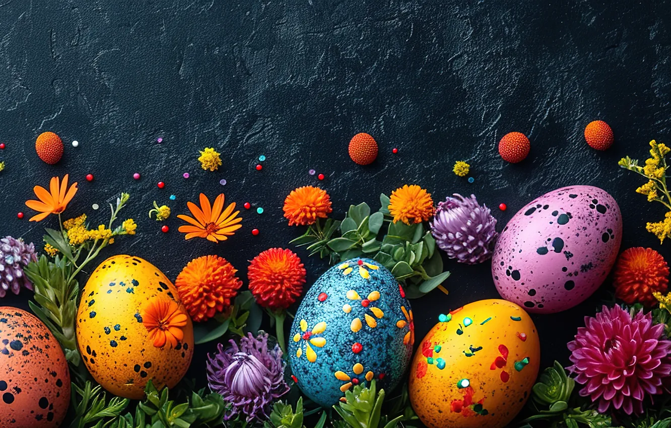 Фото обои цветы, яйца, весна, colorful, Пасха, happy, flowers, spring