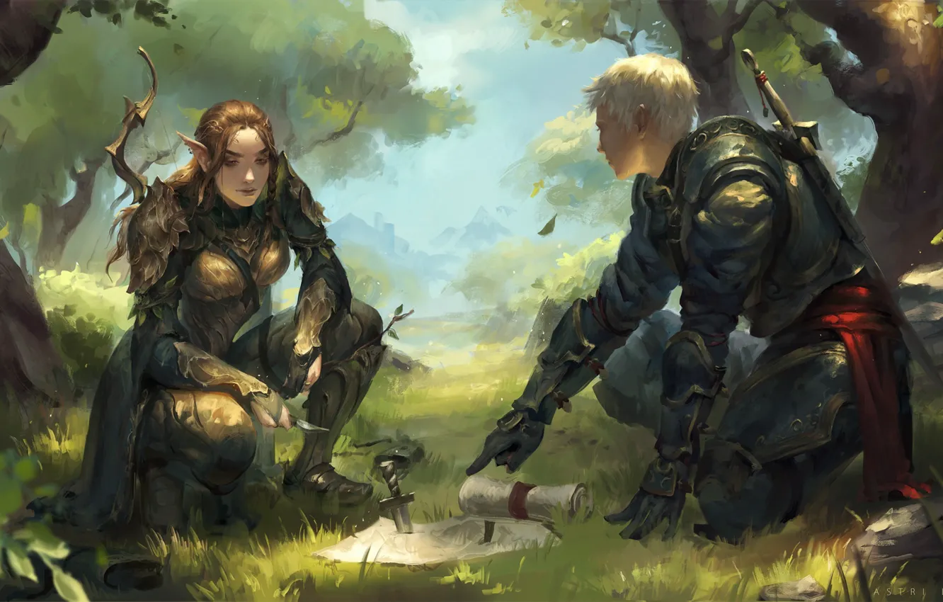 Фото обои girl, sword, fantasy, forest, armor, trees, boy, map