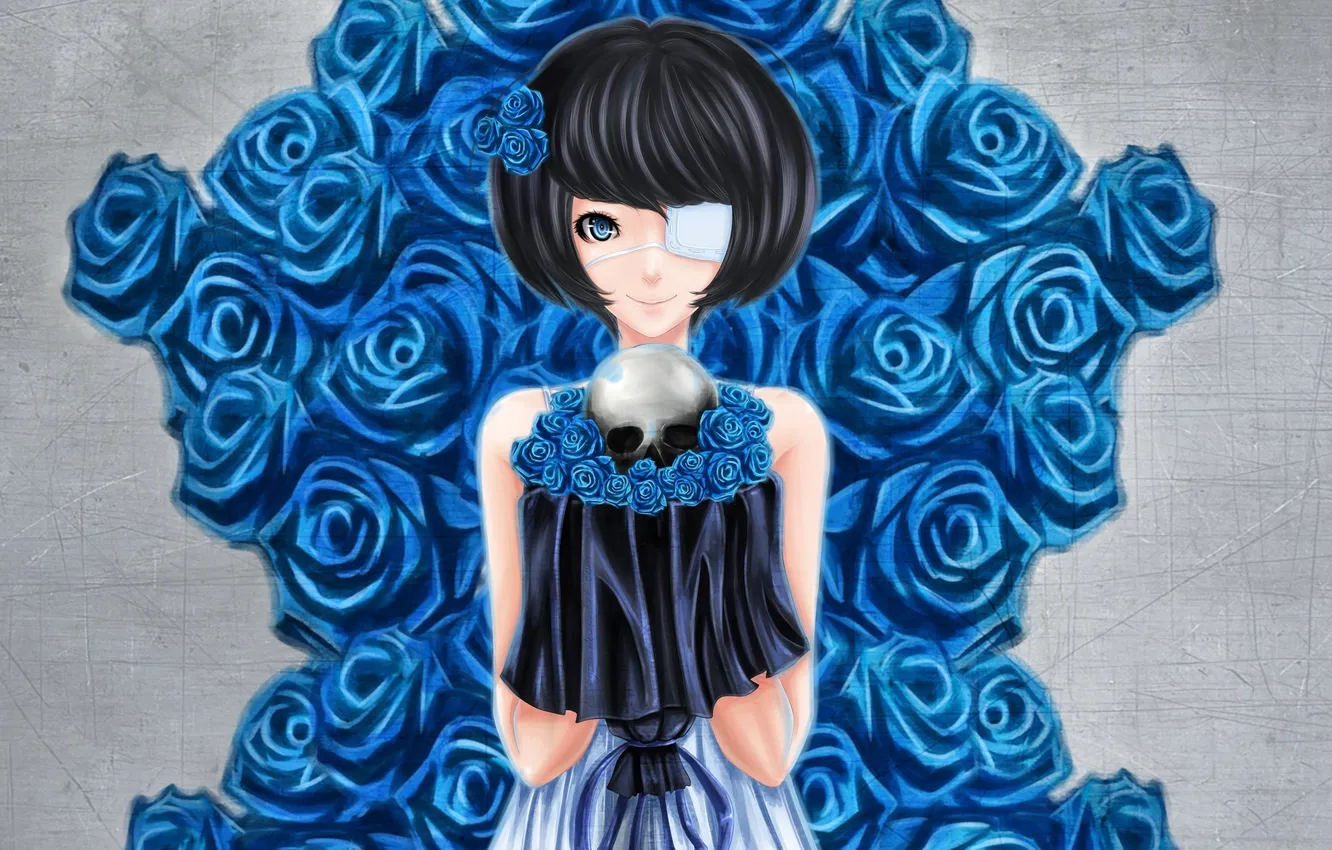Фото обои девушка, фон, череп, розы, арт, повязка, синие