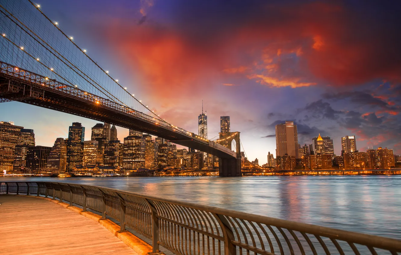 Фото обои закат, здания, США, sunset, new york city, united states, Ист-Ривер, buldings