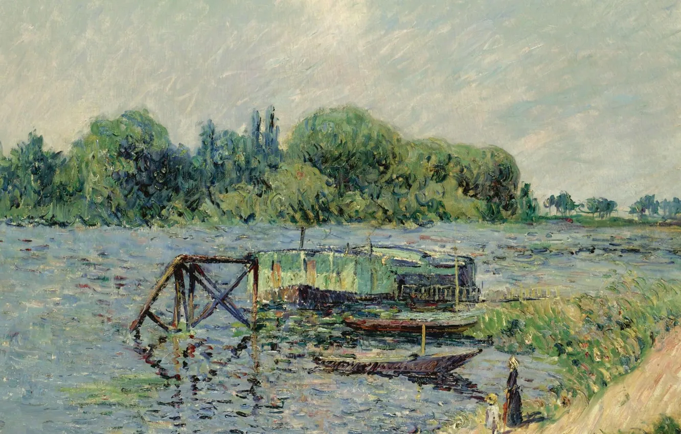 Фото обои пейзаж, река, картина, Гюстав Луазо, Gustave Loiseau, Laun Place on the Seine at Herblay