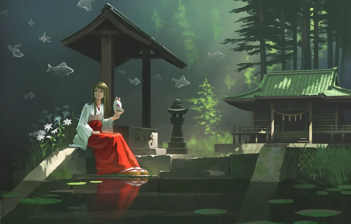 Фото обои рыбки, тишина, Япония, маска, колодец, фонарь, храм, жрица