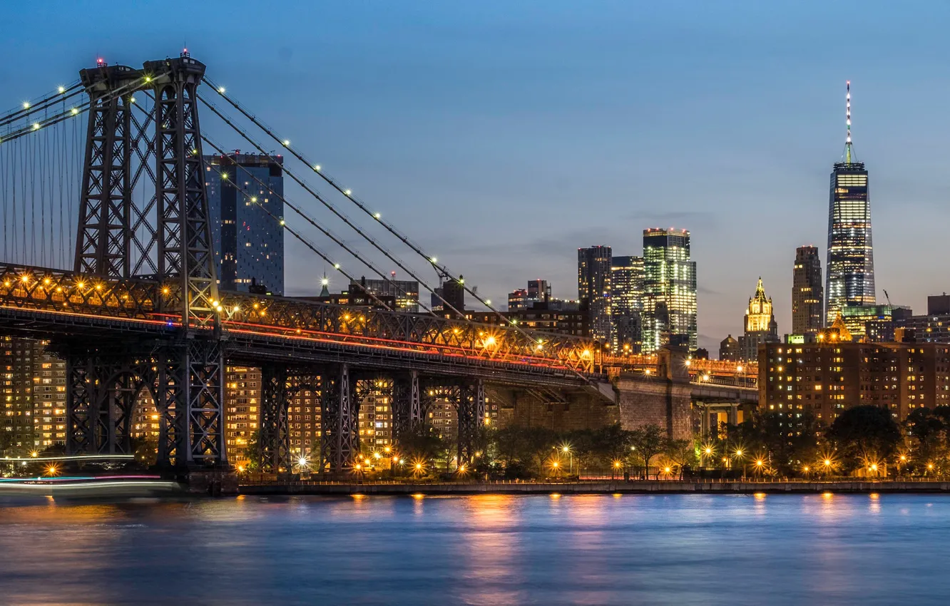 Фото обои мост, пролив, здания, Нью-Йорк, ночной город, небоскрёбы, New York City, Manhattan Bridge