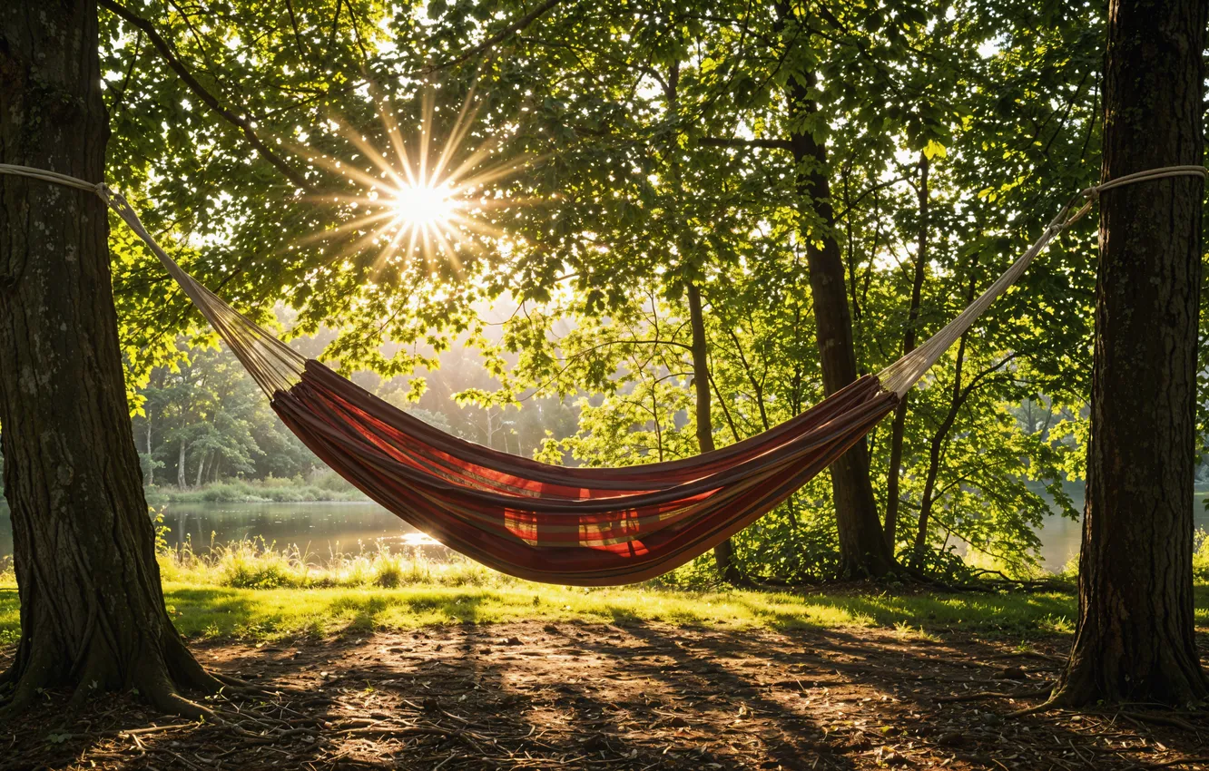 Фото обои лес, лето, солнце, озеро, отдых, гамак, summer, sunshine