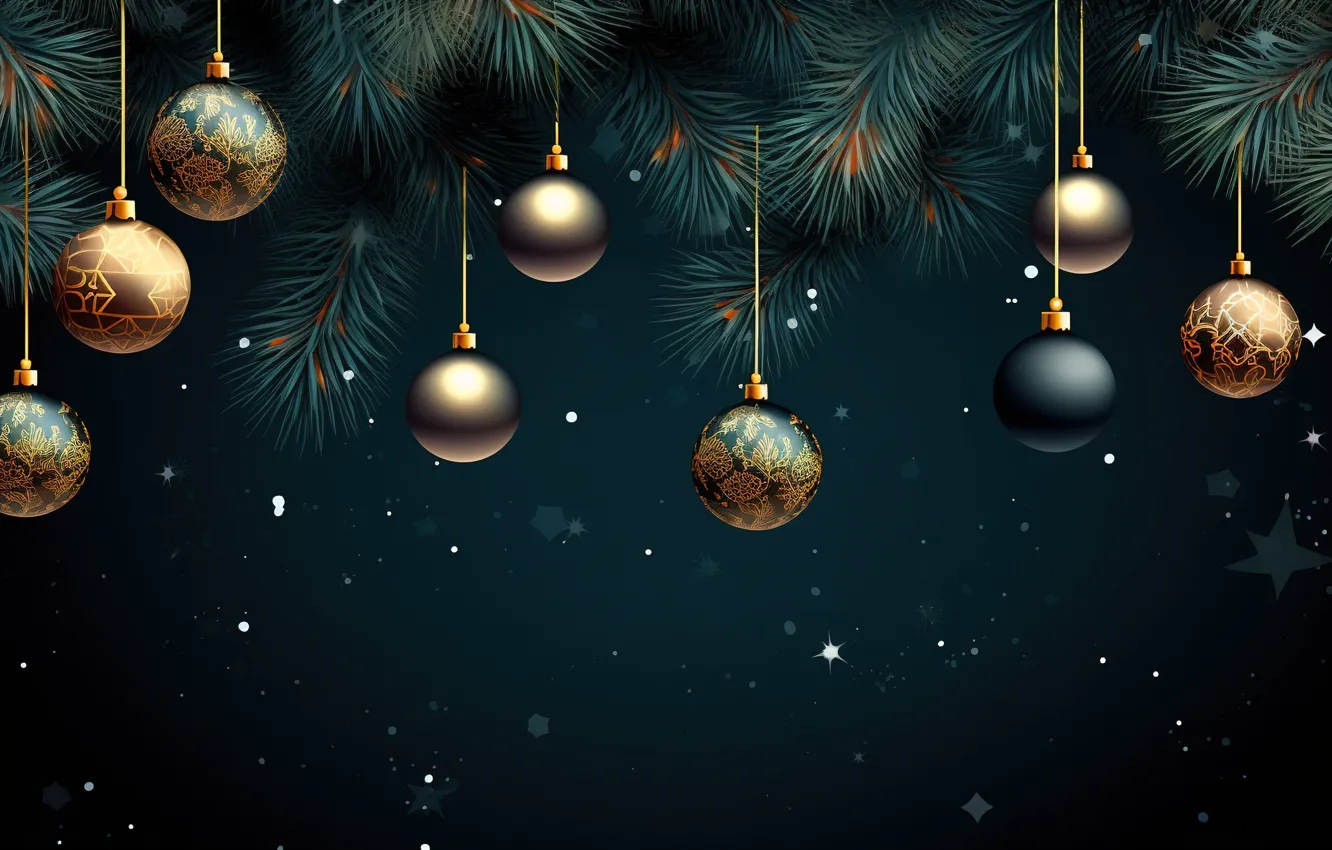 Фото обои украшения, темный фон, шары, новый год, Рождество, golden, Christmas, balls