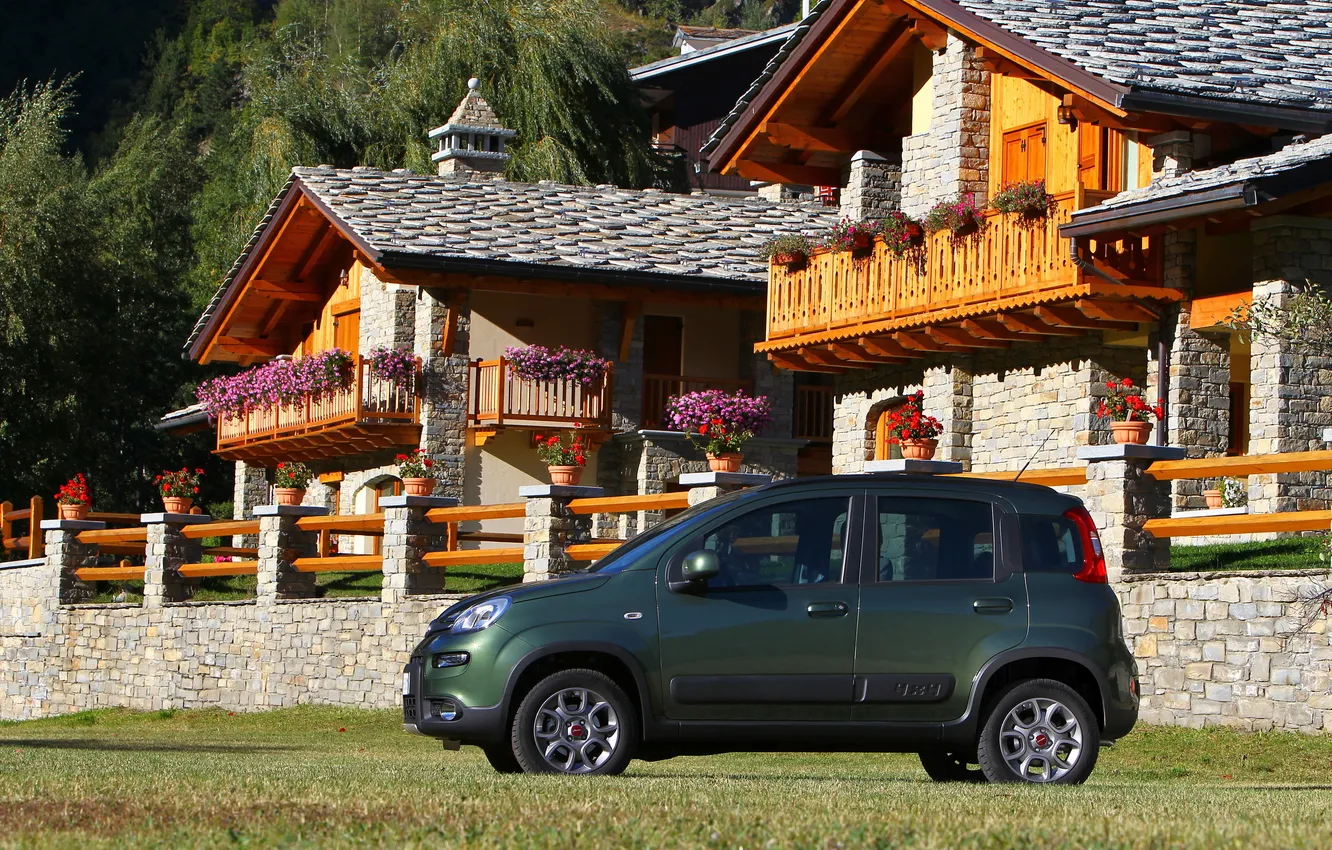 Фото обои авто, деревья, машины, дом, поляна, Cars, цветы., Fiat Panda