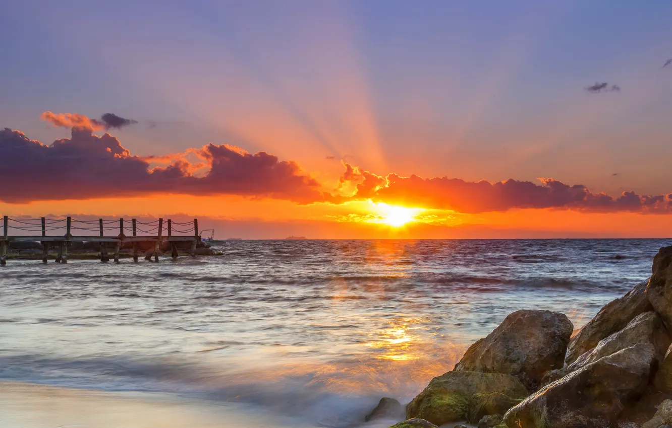 Фото обои пляж, солнце, рассвет, утро, пирс, Карибский бассейн