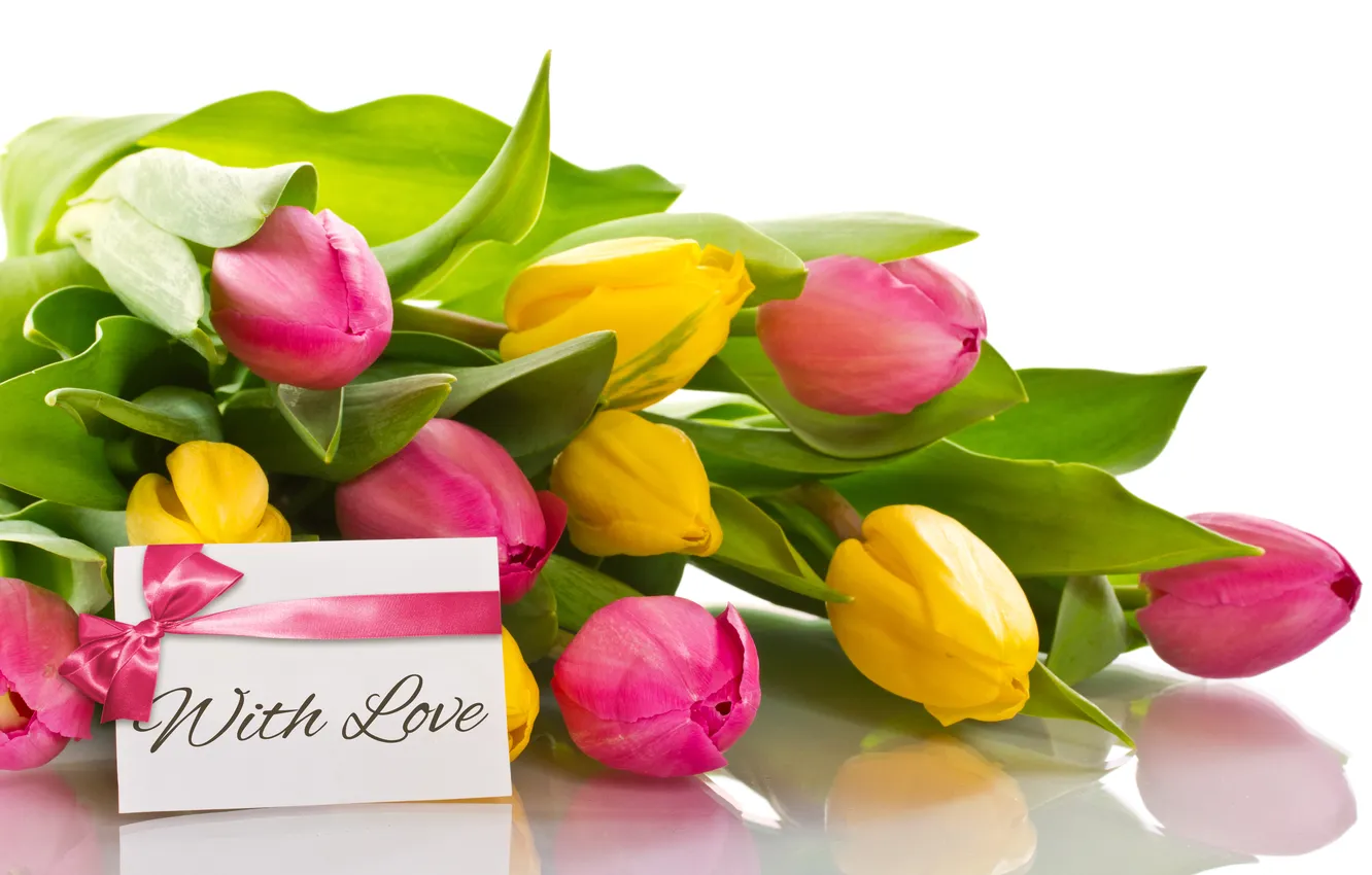 Фото обои любовь, букет, тюльпаны, бант, flowers, romantic, tulips, with love