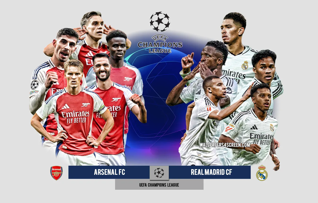 Фото обои Arsenal, Champions League, Gunners, Kylian Mbappe, Rodrygo Goes, Jude Bellingham, Vini Jr, Endrick Felipe