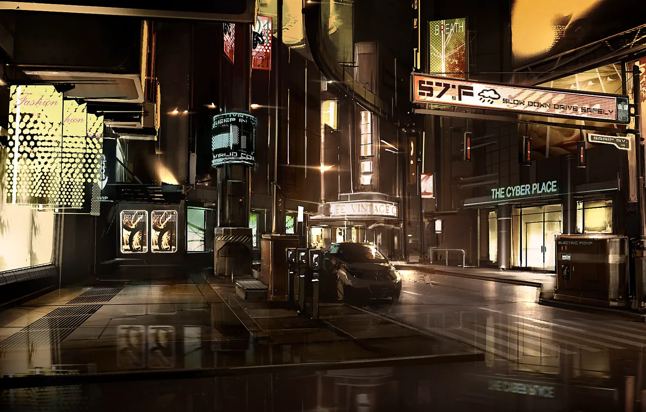 Фото обои улица, киберпанк, Square enix, Деус Экс, Deus Ex Human revolution, детройт, detroit