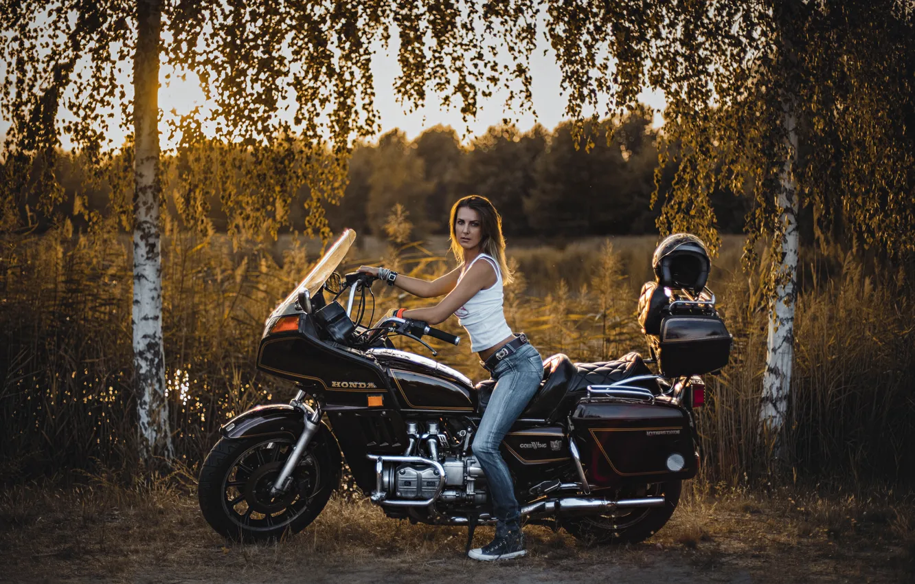 Фото обои девушка, деревья, стиль, джинсы, мотоцикл, Honda, берёзы