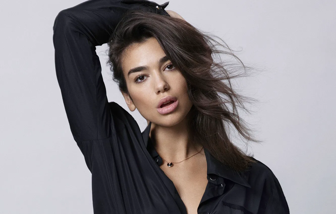 Фото обои взгляд, девушка, волосы, блузка, Dua Lipa