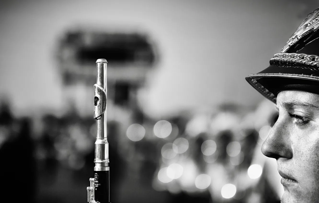 Фото обои макро, флейта, духовой инструмент, военный оркестр, флейтистка