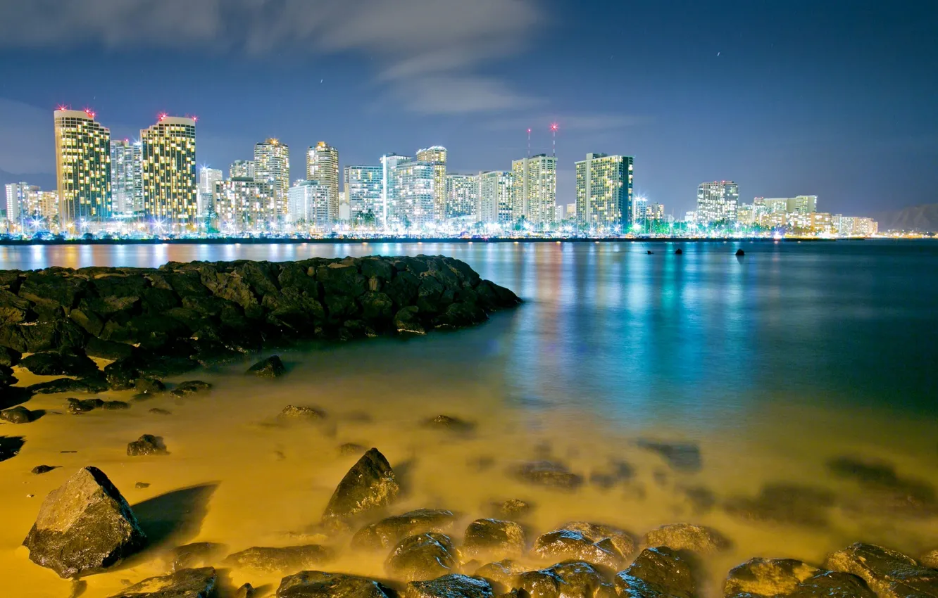 Фото обои камни, бухта, Гавайи, ночной город, Hawaii, Honolulu, Гонолулу