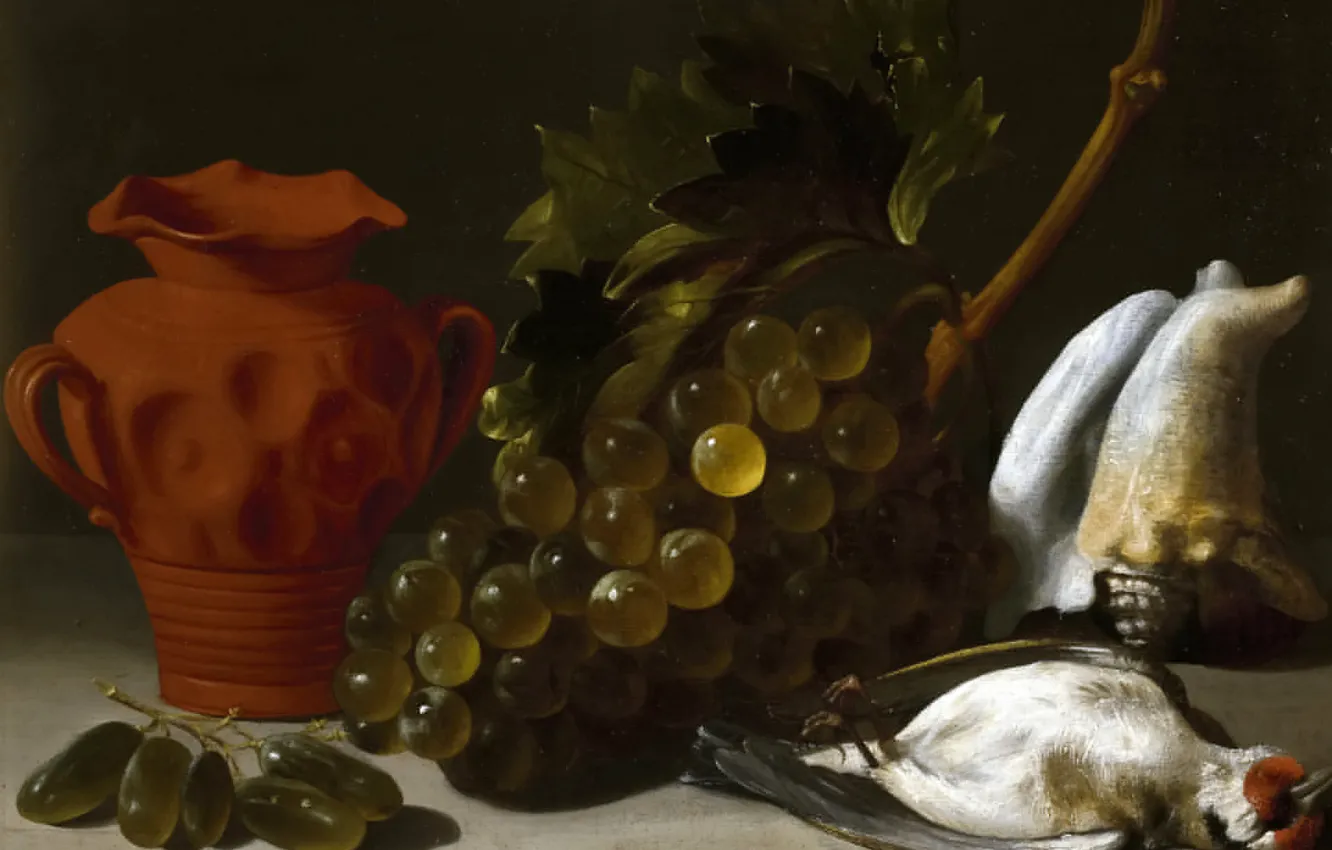 Фото обои картина, виноград, ваза, Натюрморт с Убитой Птицей, Juan Bautista de Espinosa