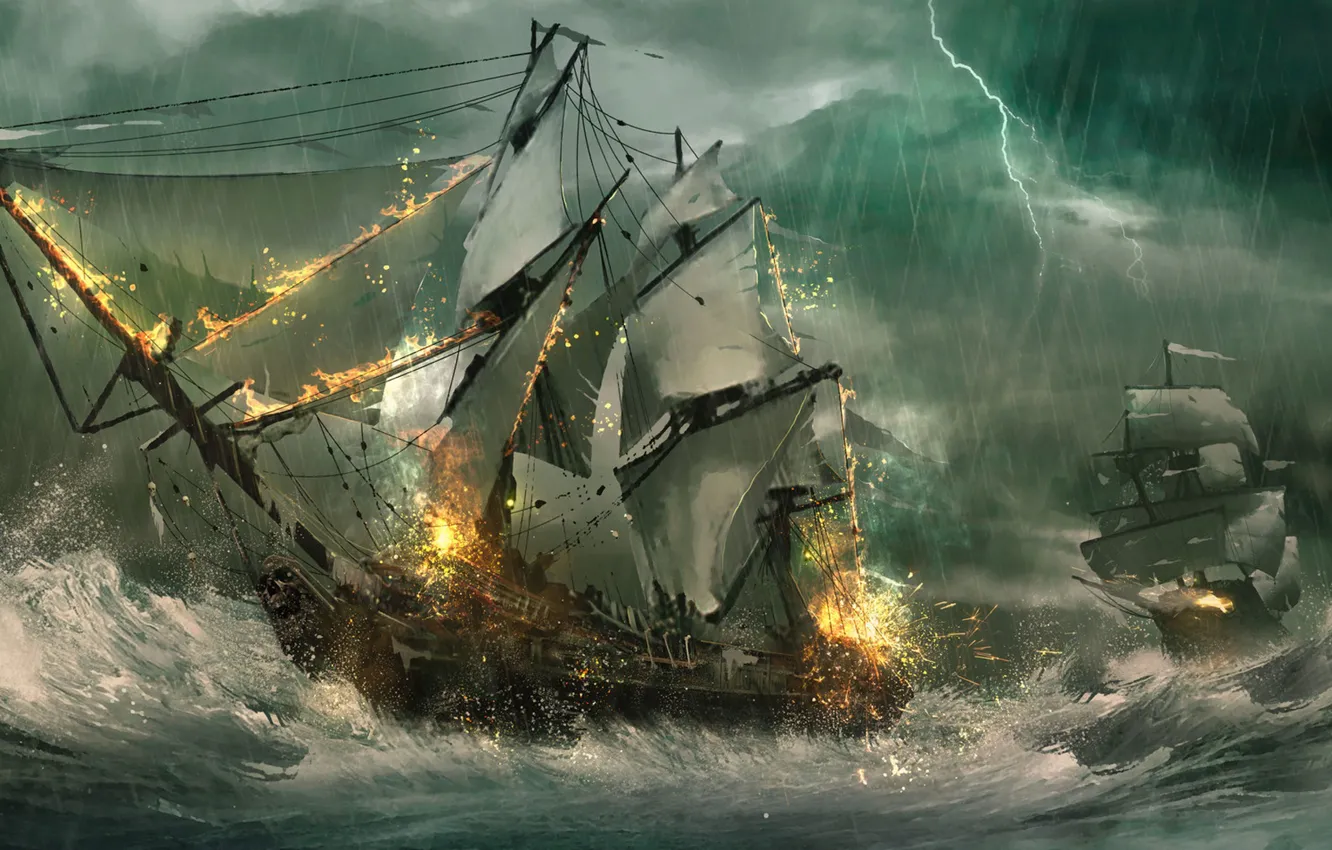 Фото обои море, волны, шторм, молния, корабли, парусники, фрегаты, морской бой