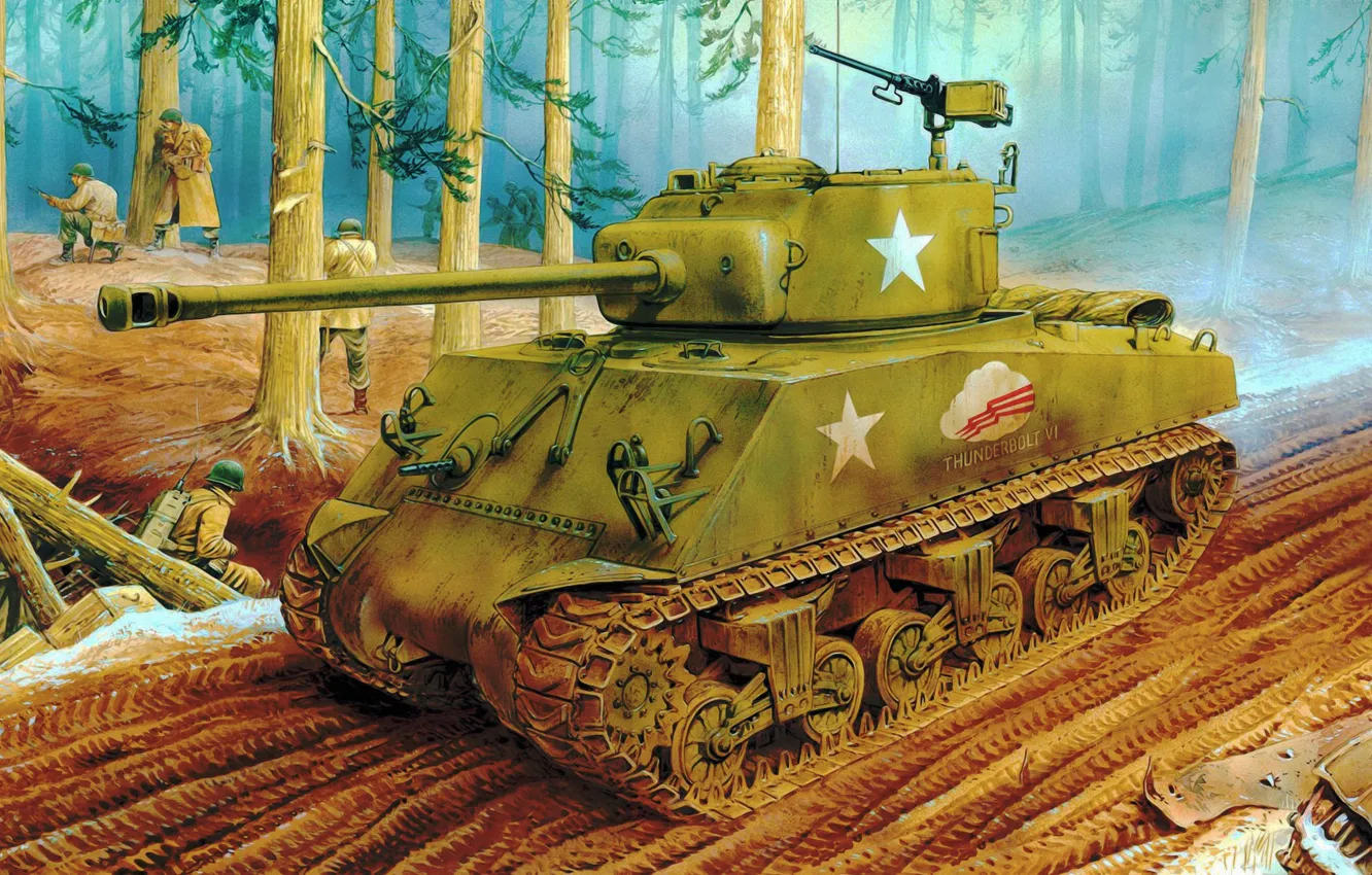 Фото обои war, art, painting, ww2, sherman tank, M4A3 (76)W