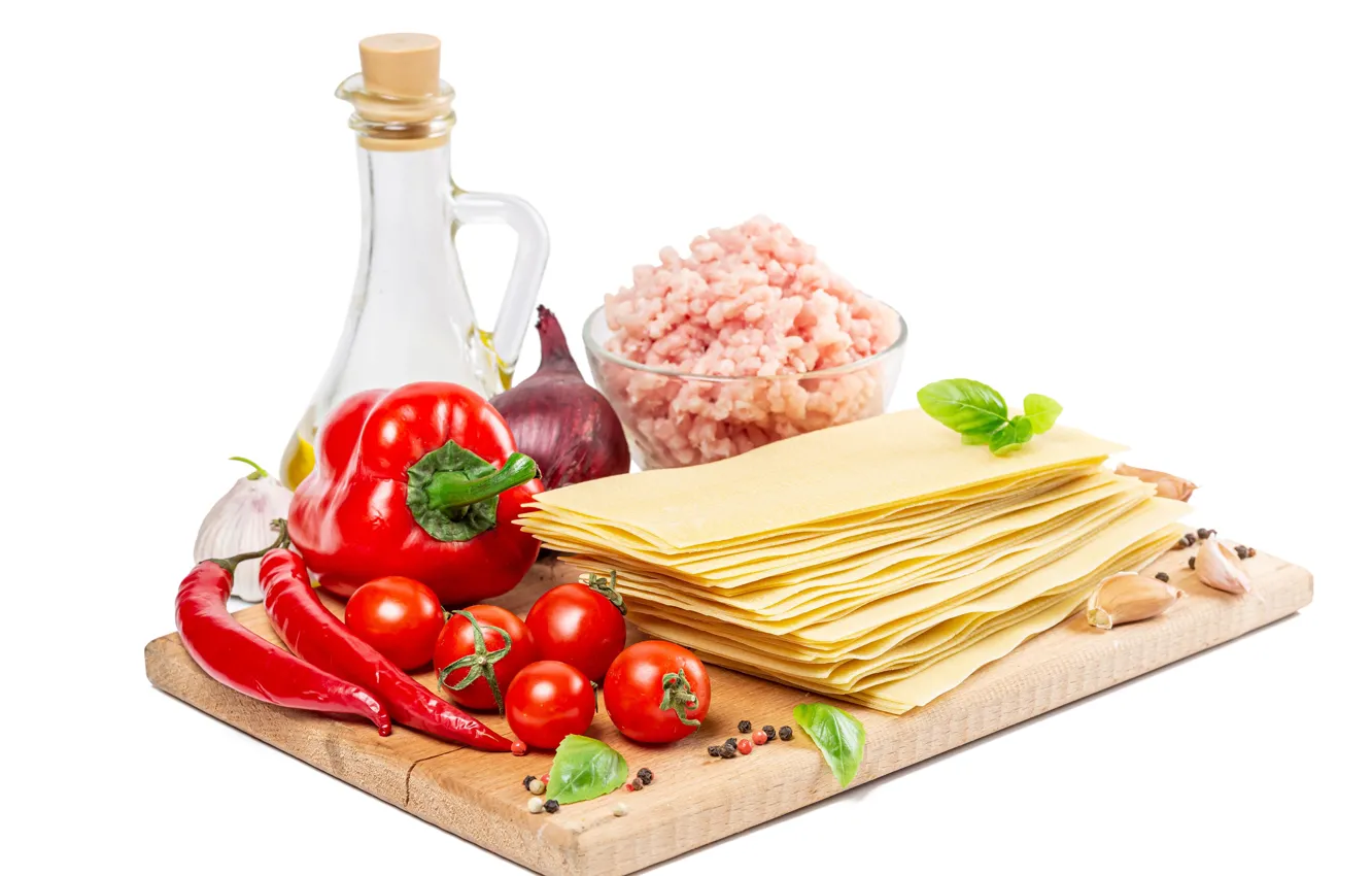 Фото обои доски, мясо, перец, овощи, помидоры