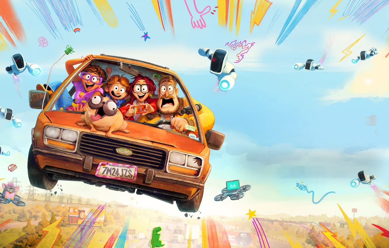 Фото обои Полет, Автомобиль, Sony Pictures Animation, 2021, Компьютерная анимация, The Mitchells vs the Machines, Научно-фантастический комедийный …