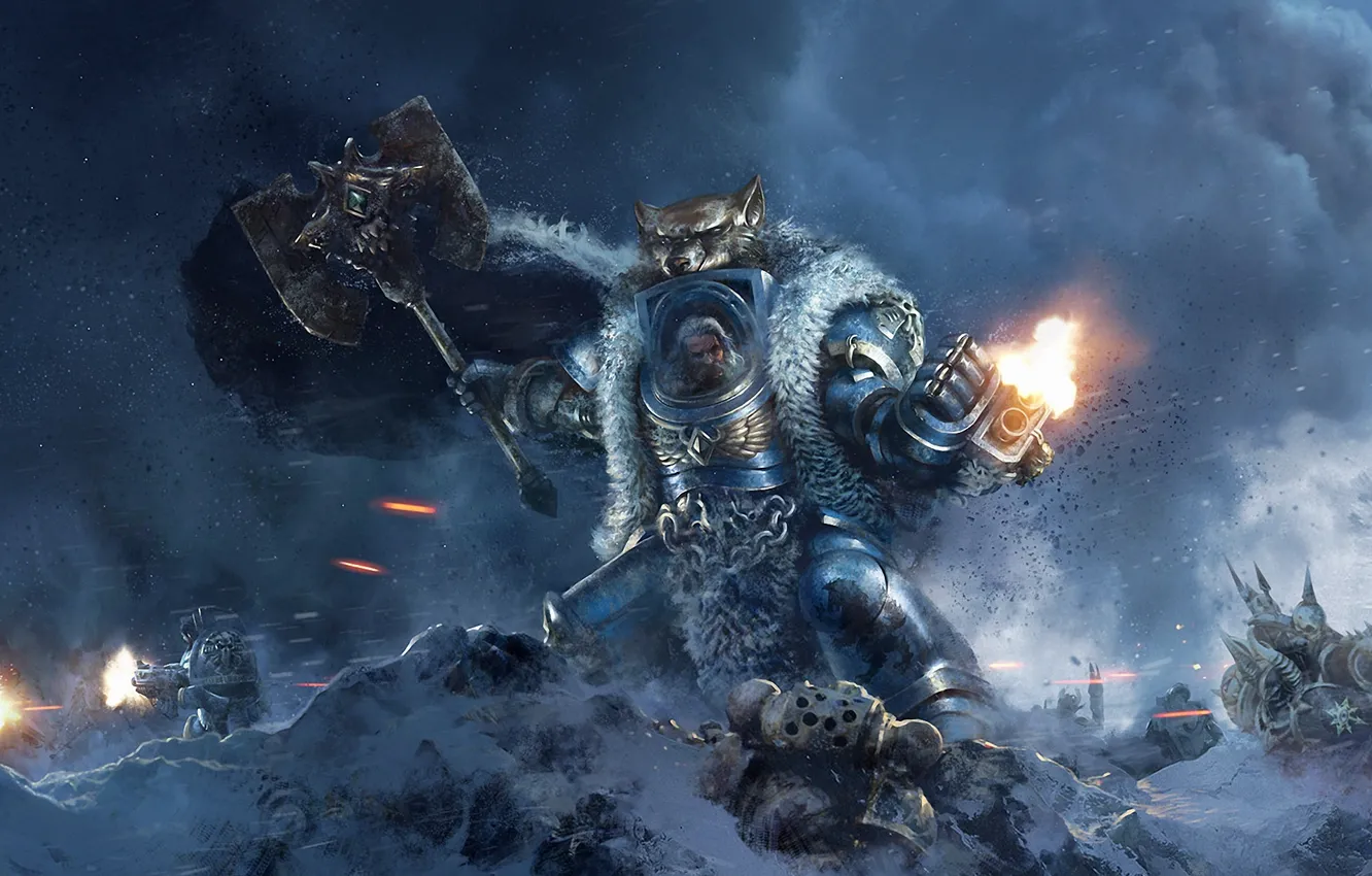 Фото обои снег, волк, голова, арт, броня, битва, выстрелы, Warhammer 40k
