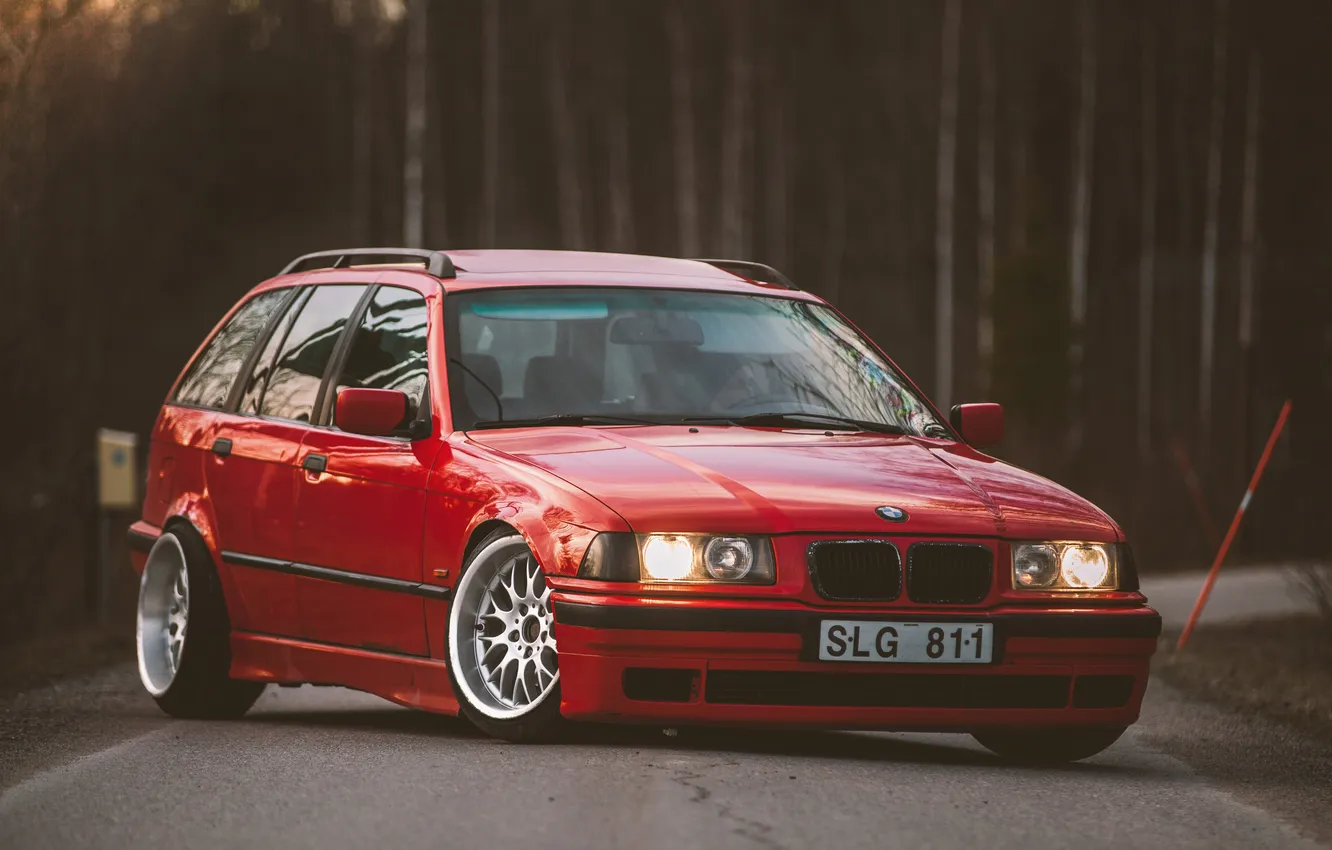 Фото обои Дорога, Красная, BMW, БМВ, oldschool, 3 series, E36, Stance