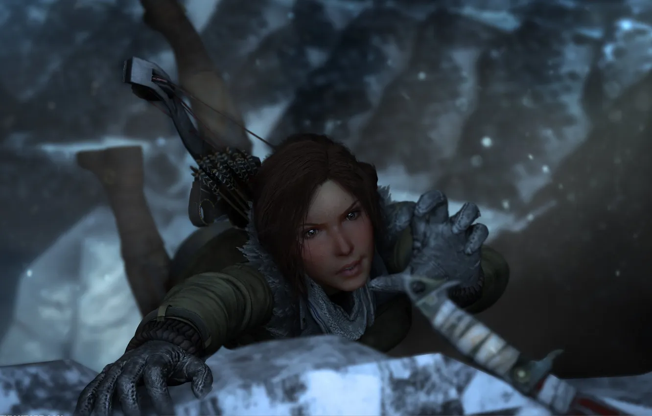 Фото обои холод, взгляд, снег, скала, игра, Lara Croft, ледоруб
