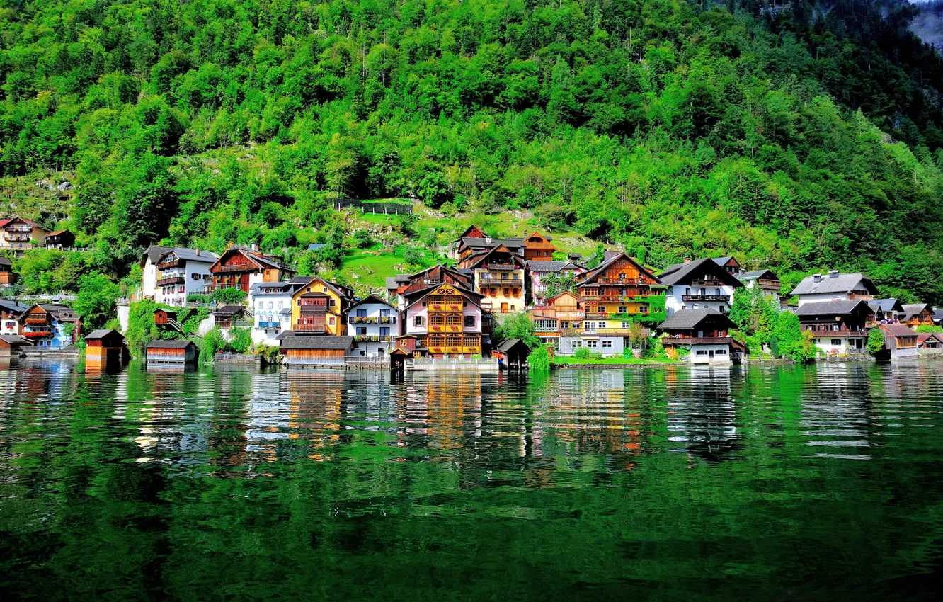 Фото обои вода, озеро, здания, дома, Австрия, склон, Austria, Hallstatt