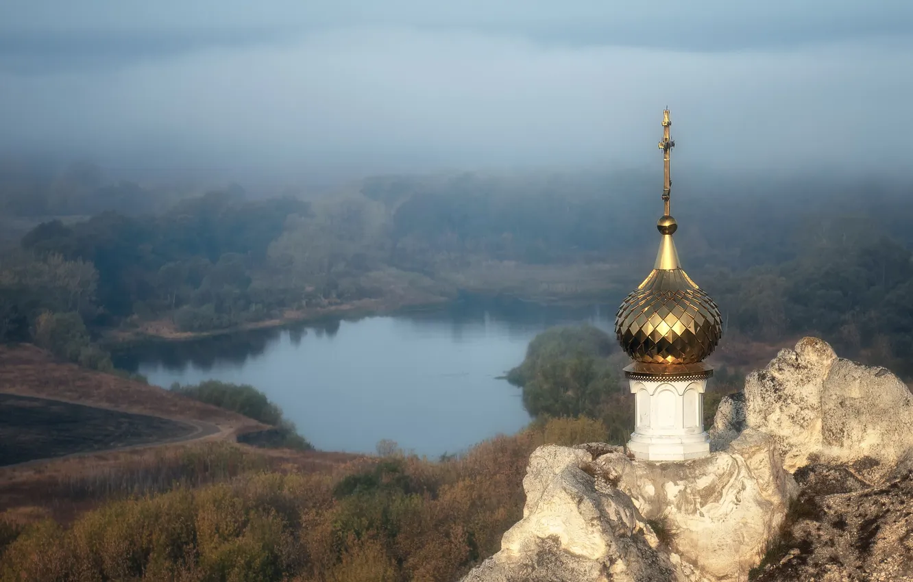 Фото обои церковь, вид сверху, Игорь Аброскин, октябрьское утро, Дивногорье