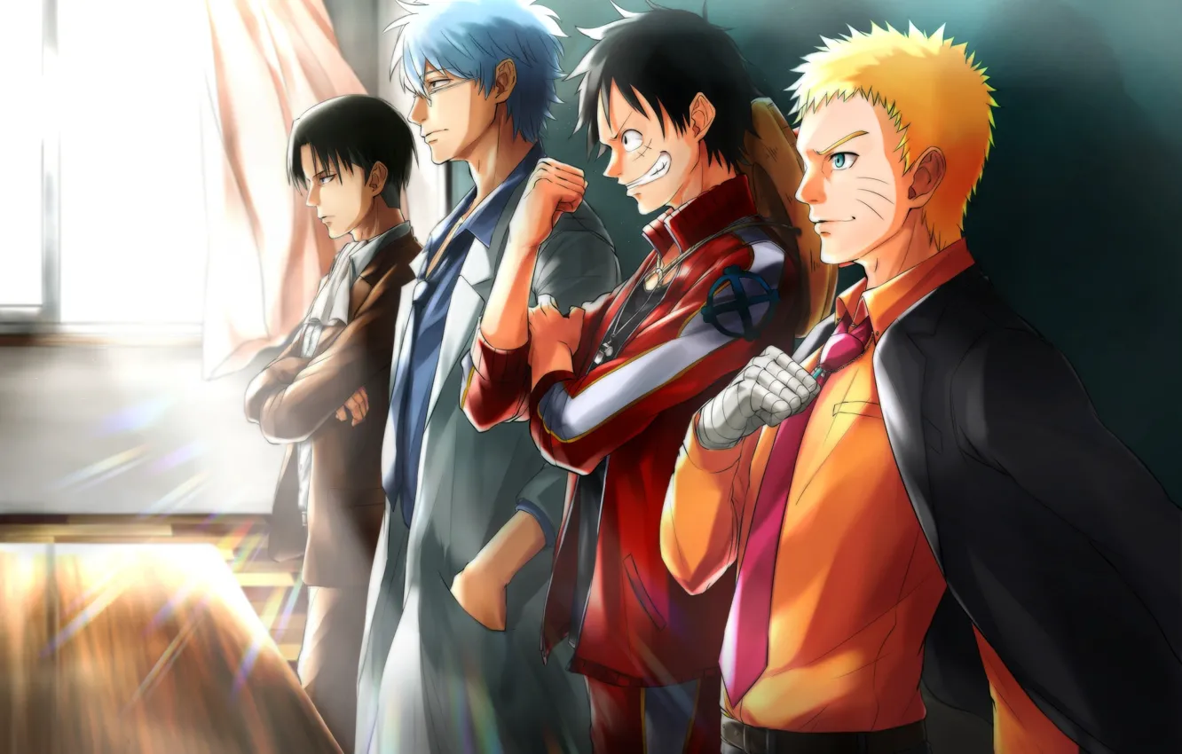Фото обои парни, Наруто, Naruto, One Piece, кроссовер, Gintama, Naruto Uzumaki, Shingeki No Kyojin