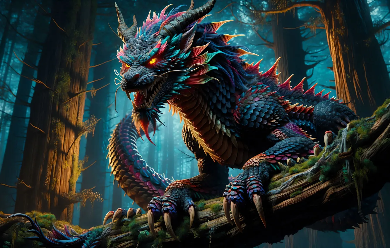 Фото обои лес, деревья, дракон