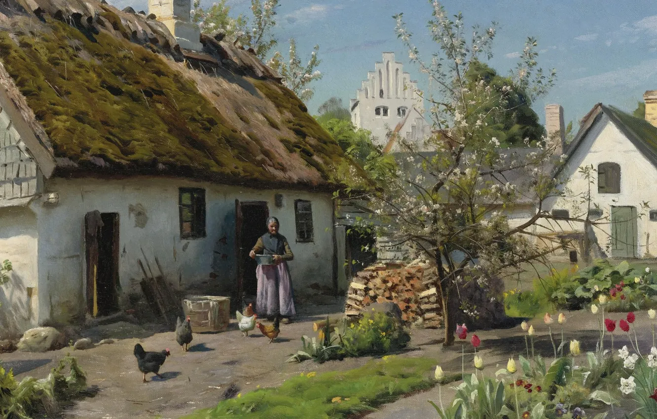 Фото обои датский живописец, 1924, Петер Мёрк Мёнстед, Peder Mørk Mønsted, Danish realist painter, Spring in Hjembaek, …