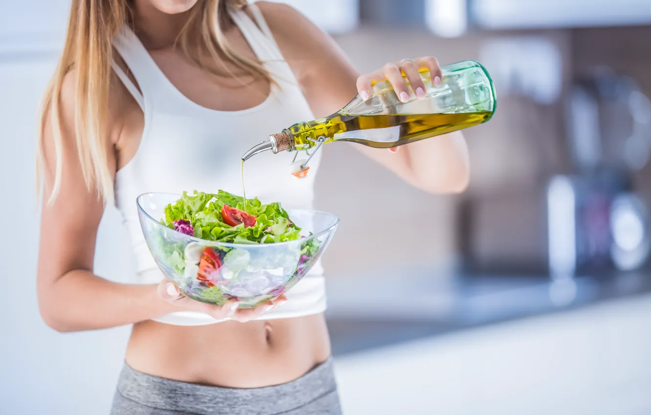 Фото обои woman, salad, olive oil, condiments
