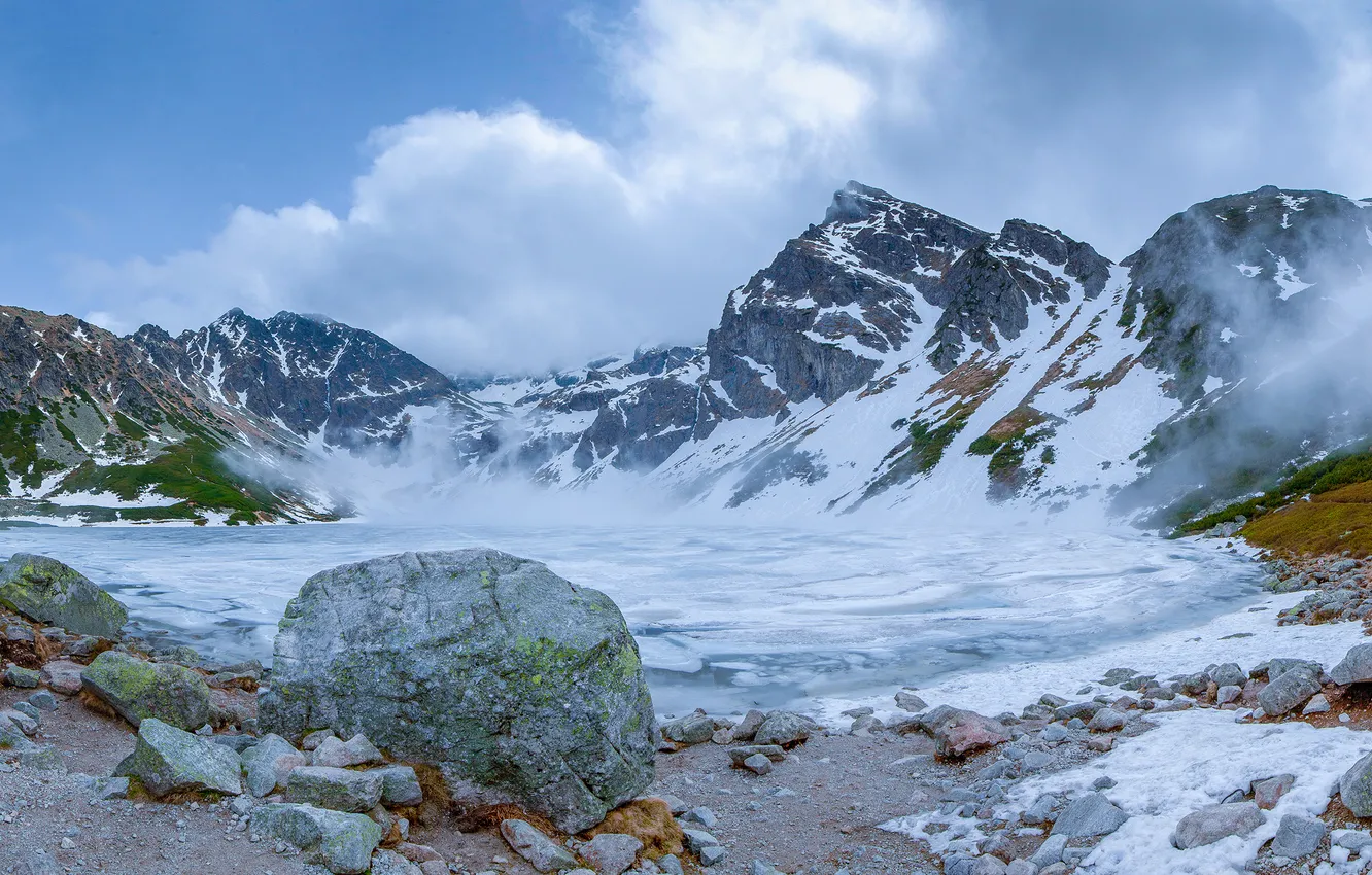 Фото обои mountains, rocks, snow, stones