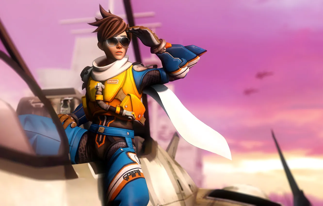 Фото обои девушка, самолет, очки, костюм, Overwatch, tracer, lena oxton