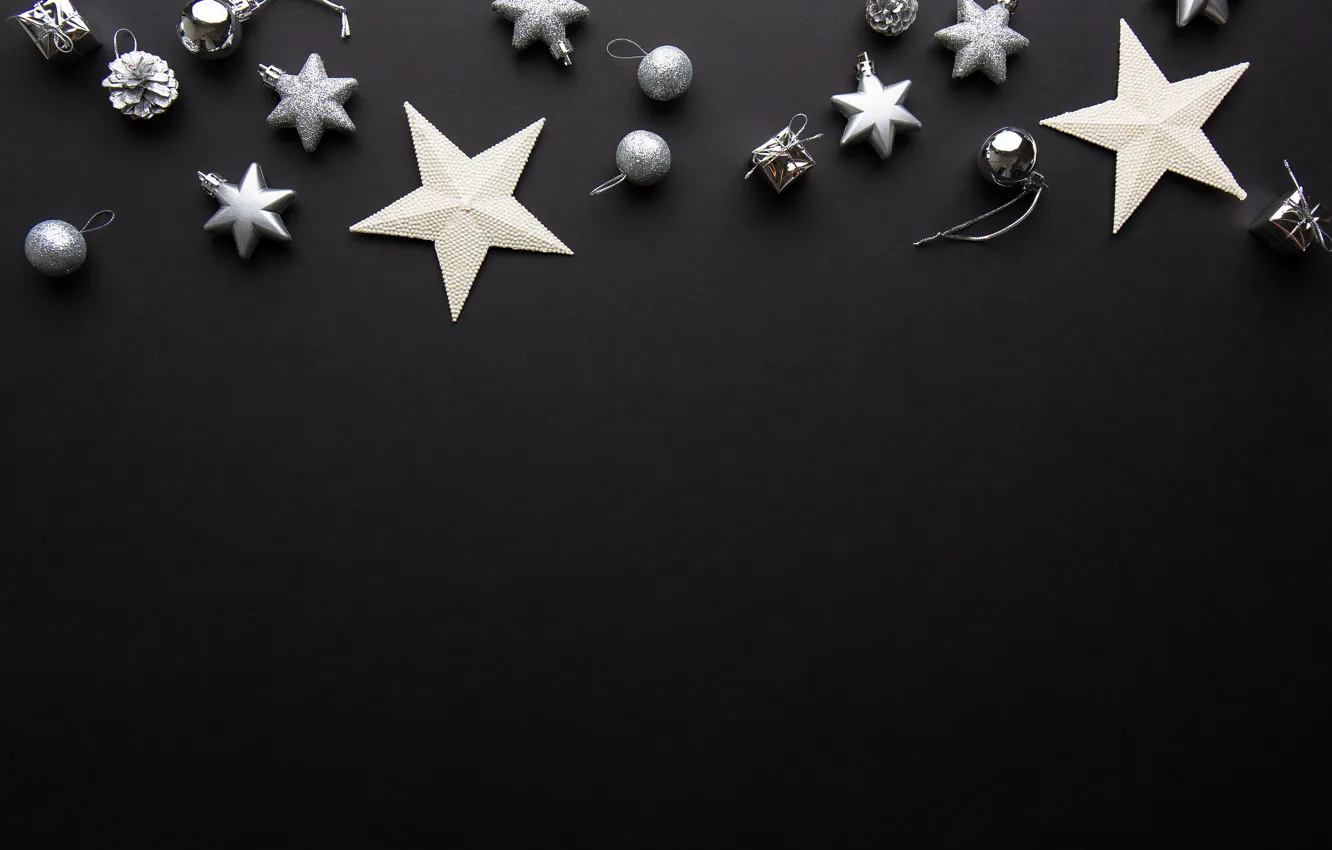 Фото обои украшения, шары, Новый Год, Рождество, silver, черный фон, black, Christmas