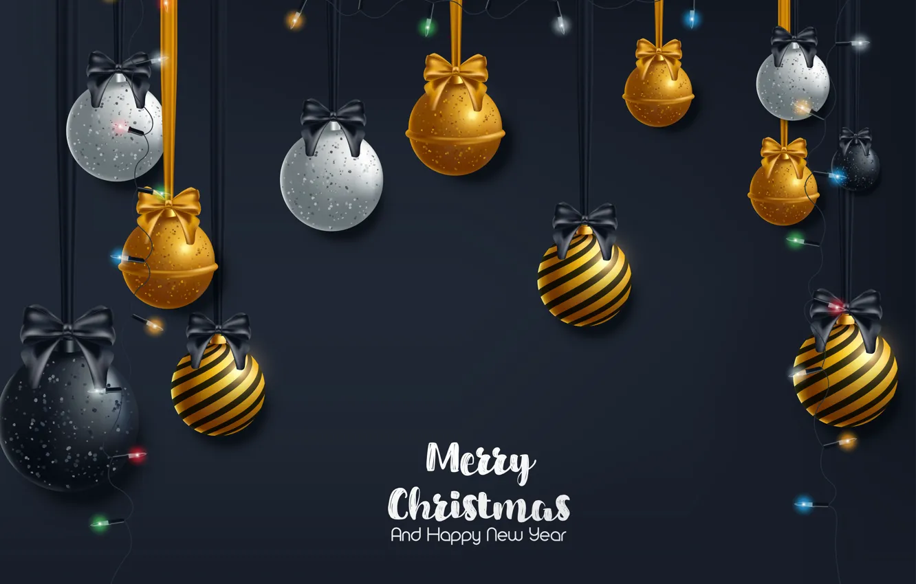 Фото обои украшения, золото, шары, Новый Год, Рождество, golden, черный фон, Christmas