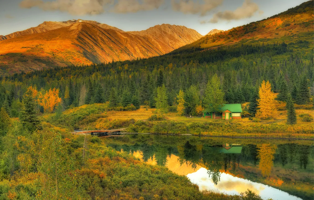 Фото обои лес, закат, горы, озеро, HDR, USA, Alaska, Autumn