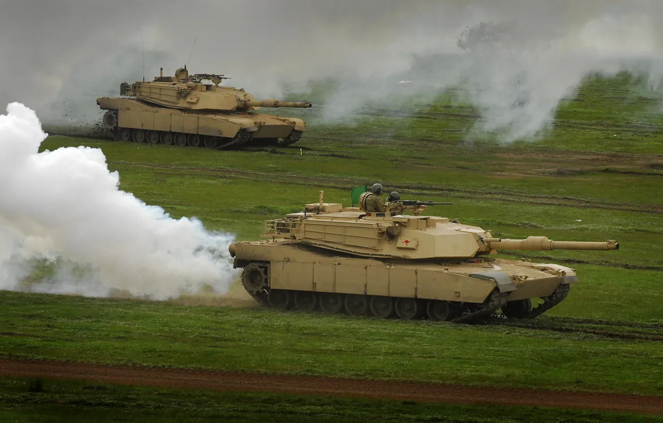 Фото обои трава, дым, танк, Abrams