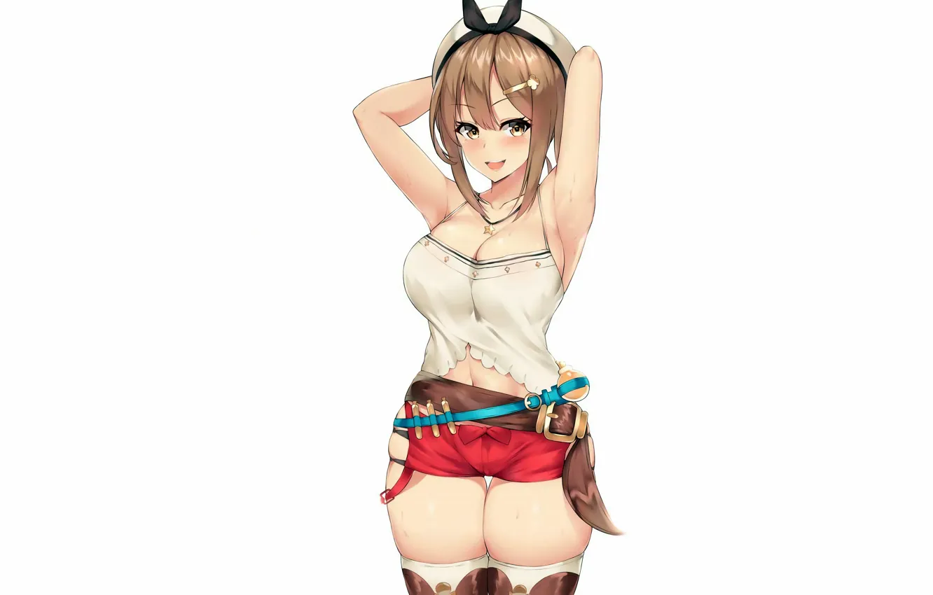 Фото обои girl, sexy, cleavage, shorts, thighhighs, long hair, boobs, anime