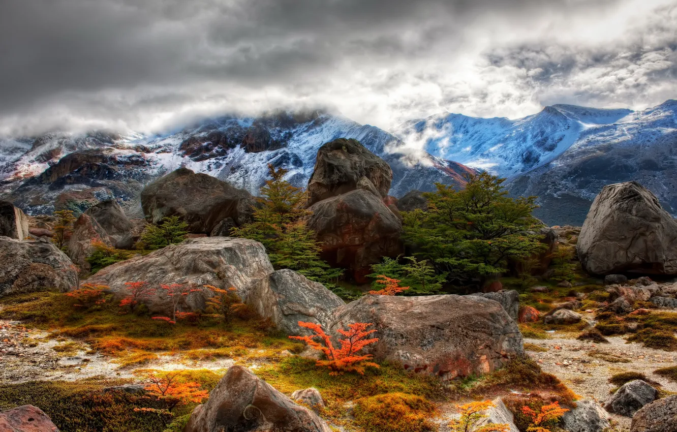 Фото обои небо, облака, снег, горы, камни, склон, Argentina, аргентина