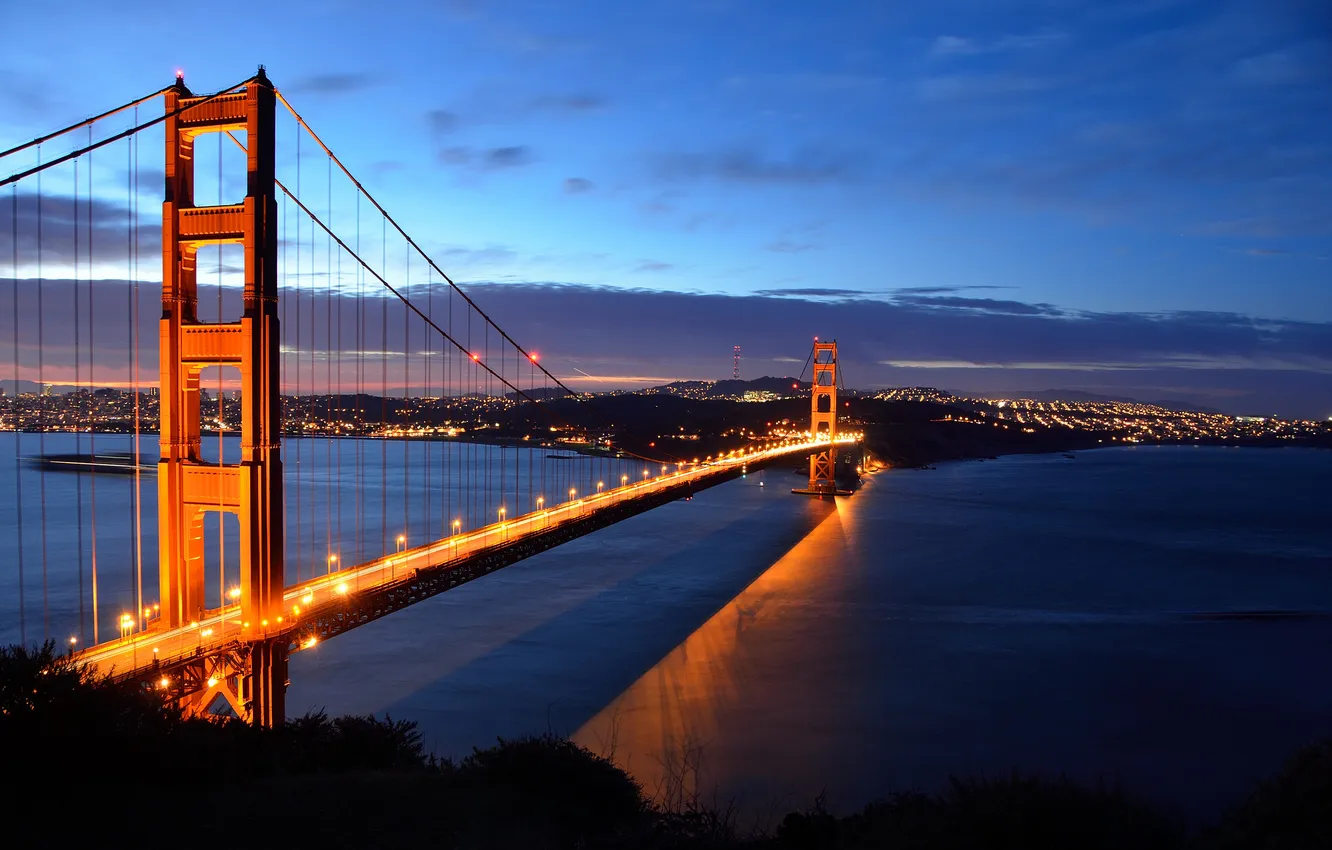 Фото обои мост, пролив, вечер, освещение, Калифорния, Сан-Франциско, Золотые Ворота, USA