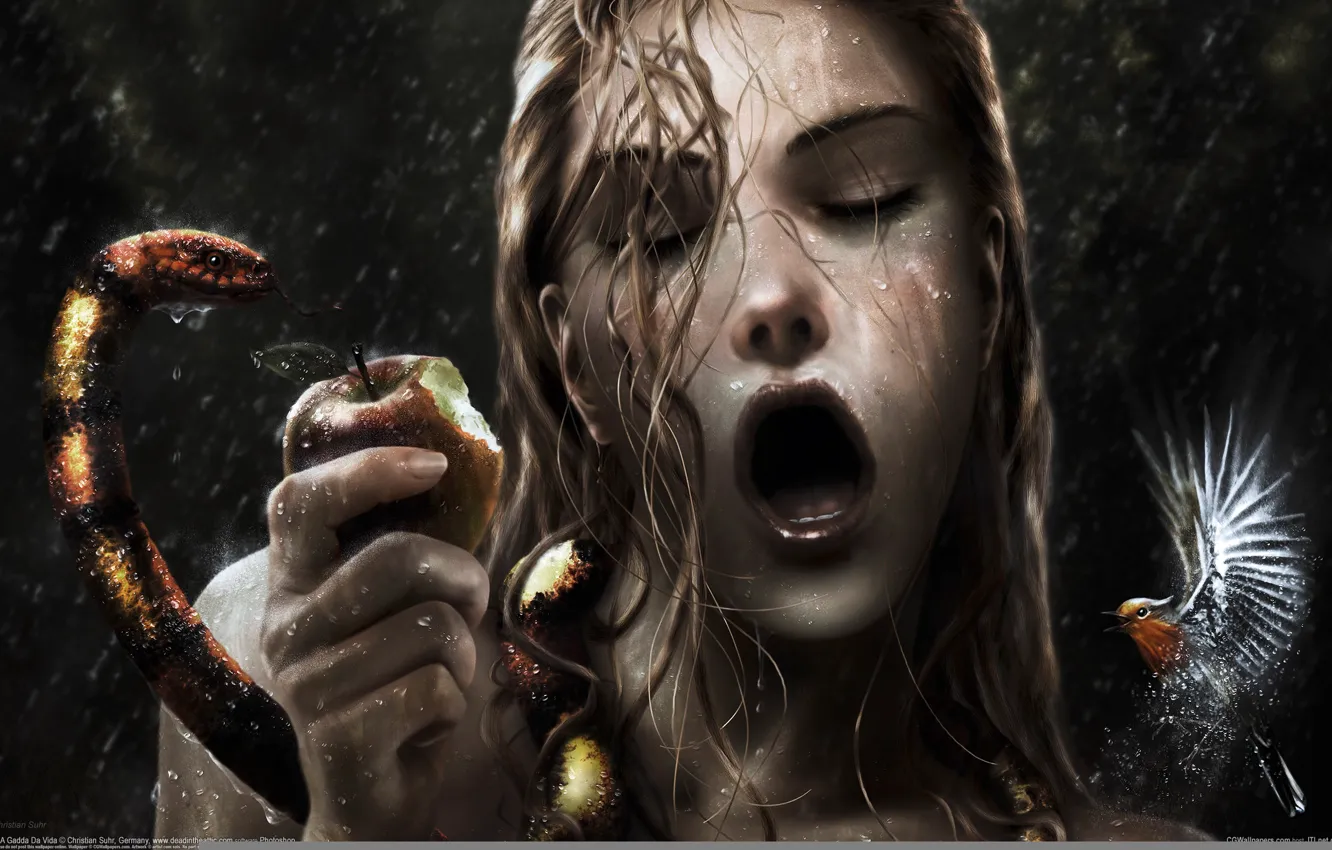 Фото обои капли, яблоко, змея, рот, губы, мокрые волосы, Christian Suhr, калибри